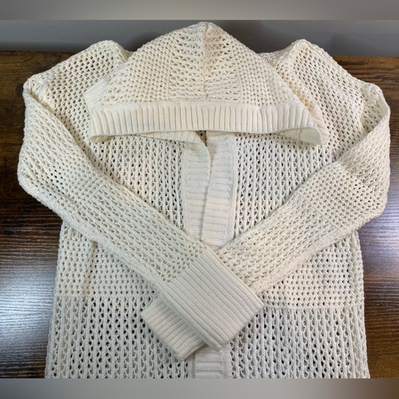 GAP long open knit hooded open front Cardigan White - Picture 5 of 15